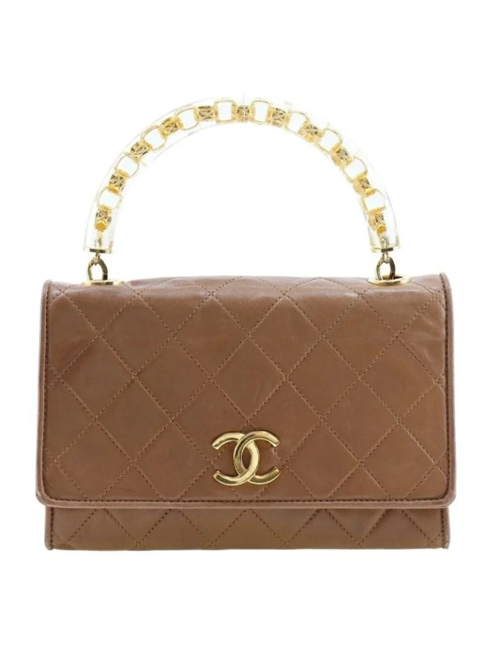 Chanel Quilted Plastic Handle Vintage Lambskin Beige Handbag